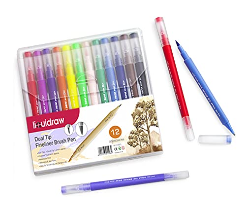 Liquidraw Dual Tip Brush Pens Fineliner Colouring Set Fineliners Coloured Watercolour Markers In Case For Adult Colouring Books, Sketching, Painting, Calligraphy, Drawing & Lettering (12)