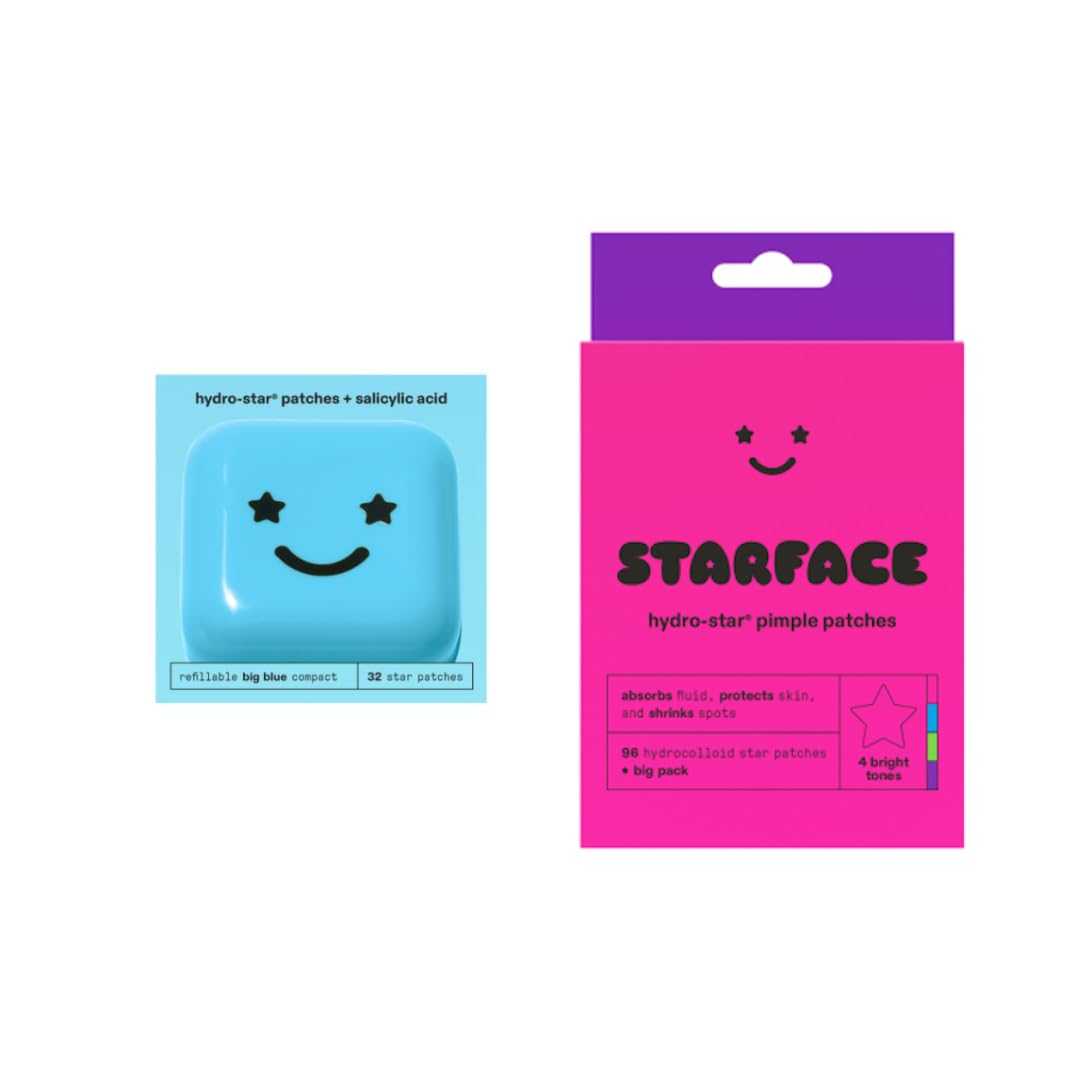 Starface Hydro-Star + Salicylic Acid Patches (32 ct) with Big Blue Compact and Party Pack Hydrocolloid Pimple Patches Big Pack (96 ct)