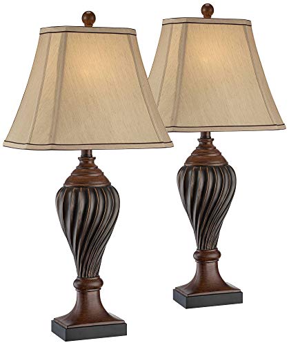 Regency HillCarved 28 1/2" Tall Urn Traditional End Table Lamps Set of 2 Two-Tone Brown Beige Shade Living Room Bedroom Bedside Nightstand House Office Home Kitchen Entryway Console Family