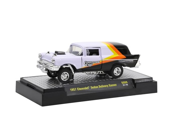 M2 1957 Chevy Sedan Delivery Gasser Competition Cams White and Black with Yellow and Orange Stripes Limited Edition to 7480 Pieces Worldwide 1/64 Diecast Model Car Machines 31600-GS09