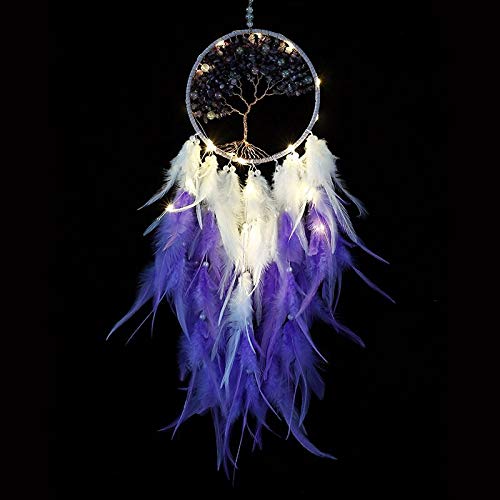 Emisscol Dream Catcher Tree of Life with LED Lights, Handmade Feather Large Dreamcatcher Crystal Stone Wall Hanging Decor for Home Bedroom Window Ornament Birthday Gift (Purple)