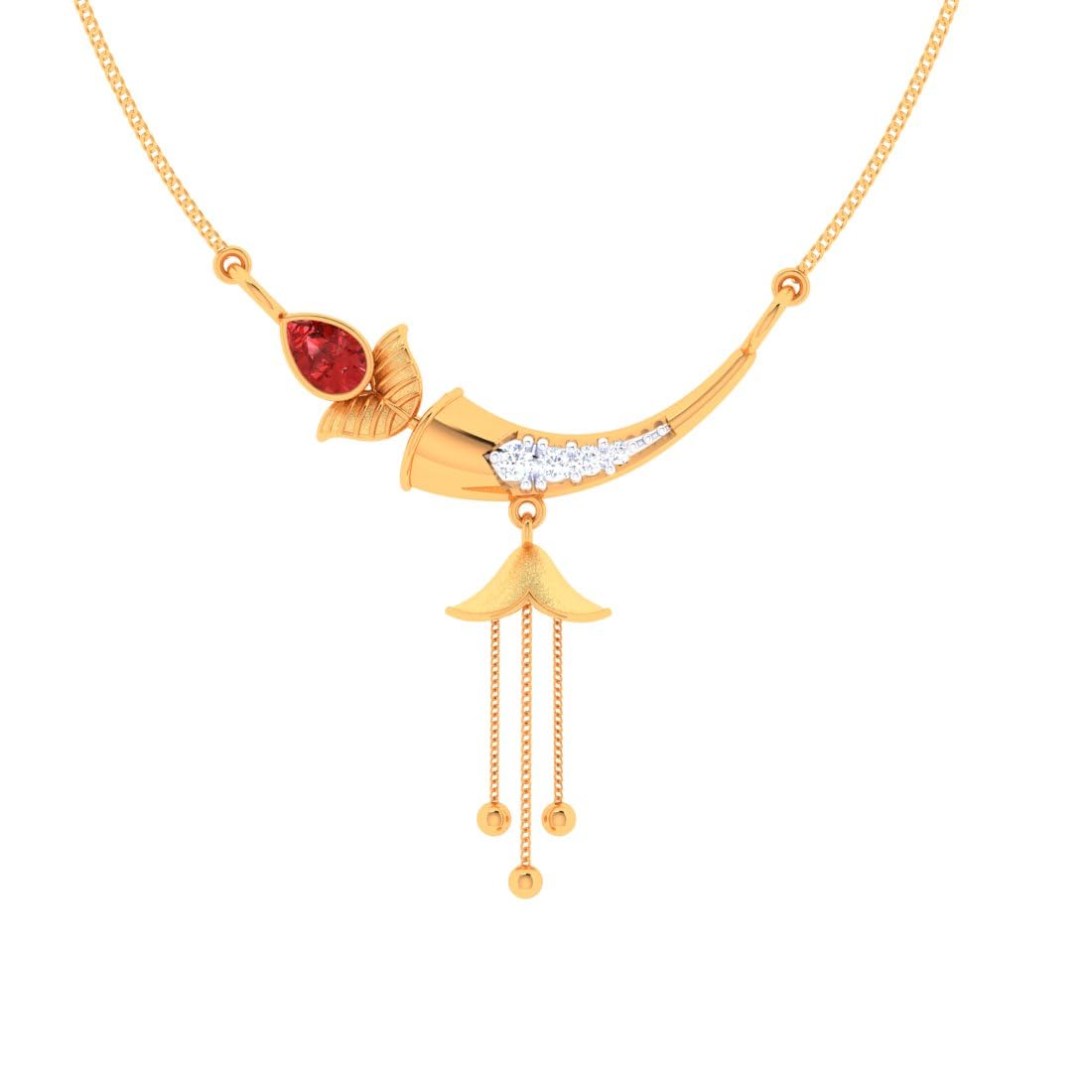 P.C. Chandra Jewellers 14KT (585) Yellow Gold Ball Drop Sanai Pendant With Red Stone For Women & Girls - 0.9 Gram