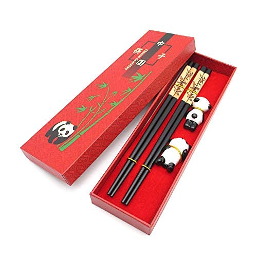 Cute Panda Chopsticks with Panda Panda Carved Chopsticks with Cute Panda Holders, Reusable Wooden Chopsticks with Chinese Style Case, Amazing Gift Set for Panda Lover, Black