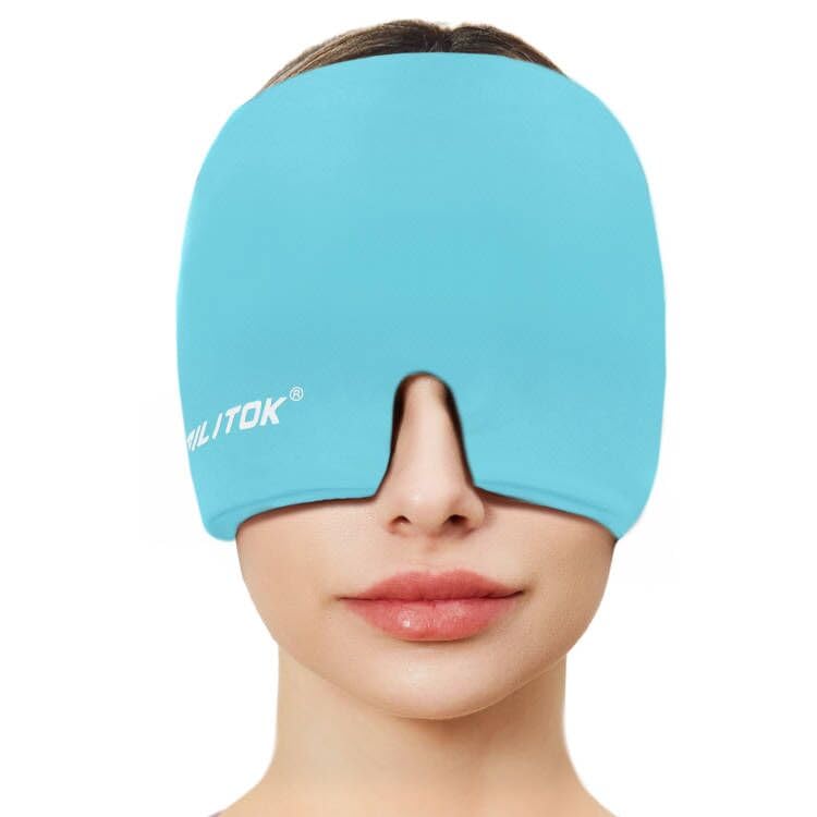 EXQUISLIFE Migraine Headache Relief Cap, Gel Ice Head Wrap, Hot and Cold Therapy, Headache Eyes Mask for Sinus, Puffy Eyes, Tension and Stress Relief (Blue)