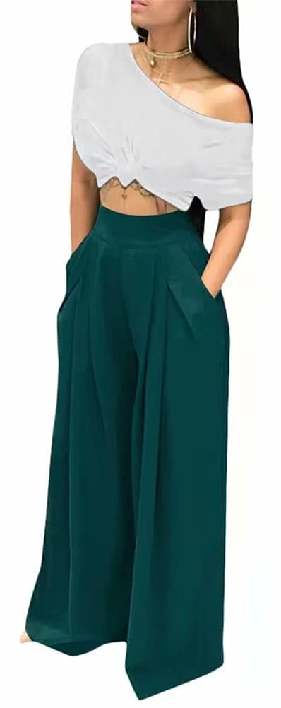 Women's Stretchy Solid Color High Waisted Wide Leg Palazzo Pants with Pockets