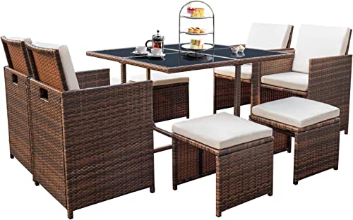 Devoko 9 Pieces Patio Dining Sets Outdoor Space Saving Rattan Chairs with Glass Table Patio Furniture Sets Cushioned Seating and Back Sectional Conversation Set (Beige)