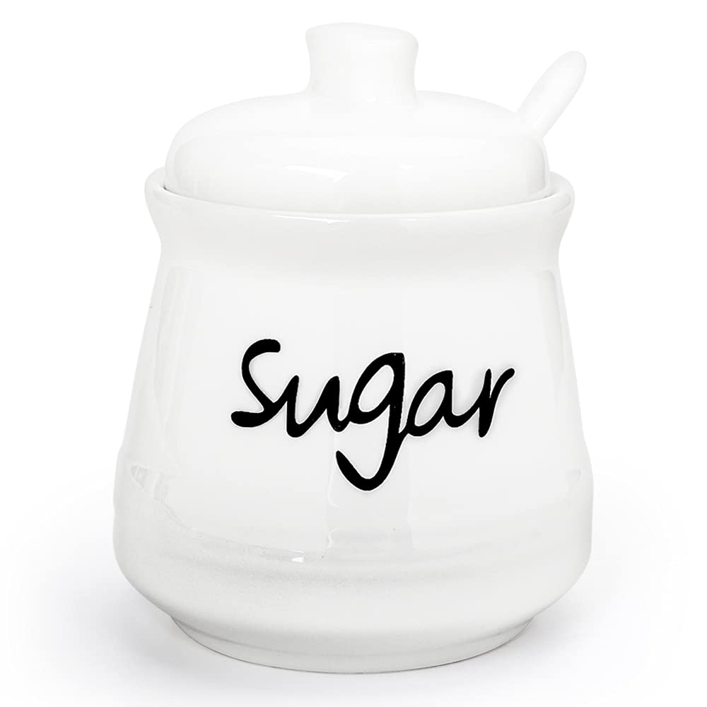 Swetwiny Ceramic Sugar Bowl with Lid and Spoon, 12 Ounces Porcelain Sugar Jar Sugar Dispenser, Sugar Container for Home and Kitchen Decor (White)