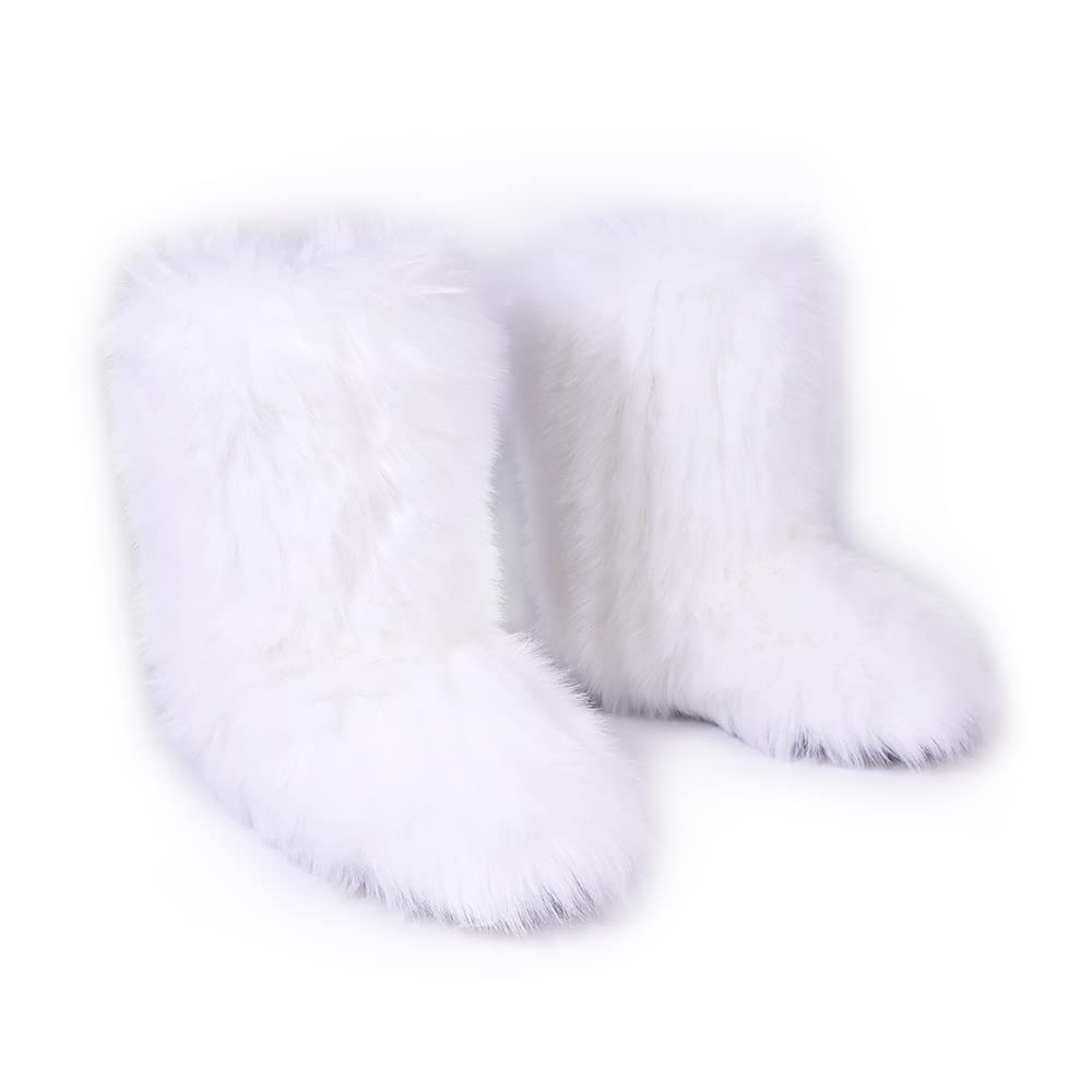 Faux Fur Boots for Women Warm Fuzzy Fluffy Winter Furry Snow Boots Flat Shoes Outdoor