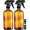 Empty Amber Glass Spray Bottles - 2 Pack - Large 16oz Refillable Bottle is Great for Essential Oils, Plants, Cleaning Solutions, Hair Mister - Durable Nozzle w/Fine Mist and Stream Setting