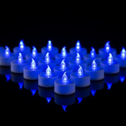 Lot de 24 bougies chauffe-plat LED sans flamme avec lumière bleue - Fausses bougies à piles - Pas de lumière vacillante