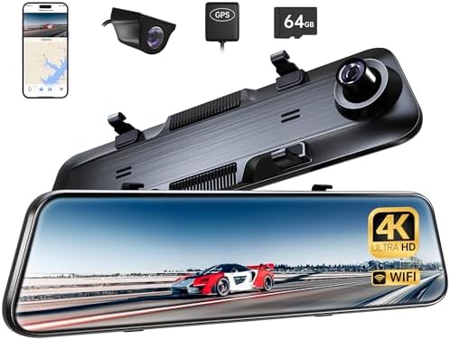 P12 Plus 4K WiFi Rear View Mirror Camera, 12" Mirror Dash Cam Front and Rear with ADAS and BSD, Backup Camera for Car, GPS, 64GB Card Included, WDR Night Vision, Voice Control