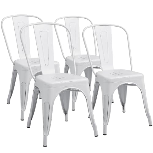 Furmax Metal Dining Chair Indoor Outdoor Use Stackable Chic Side Classic Trattoria Metal Chairs Set of 4 for Kitchen, Dining Room, Bistro and Cafe (Distressed White)