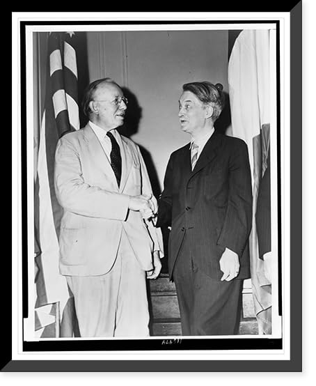 Historic Framed Print, [Dr. Alvin Johnson, left in three-quarter length portrait, shaking hands with Jacques Maritain], Image: 16" x 20"