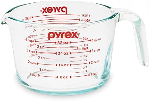 Pyrex 4-Cup Glass Measuring Cup For Baking and Cooking, Dishwasher, Freezer, Microwave, and Preheated Oven Safe, Essential Kitchen Tools