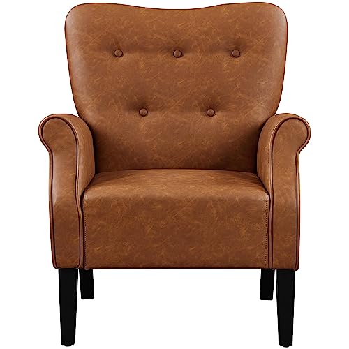 costoffsModern Tub Chair, PU Leather Upholstered Armchair with Roll Arm, Wooden Legs, High Back and Comfortable Cushioned Seat for Living Room Bedroom Home Retro Brown