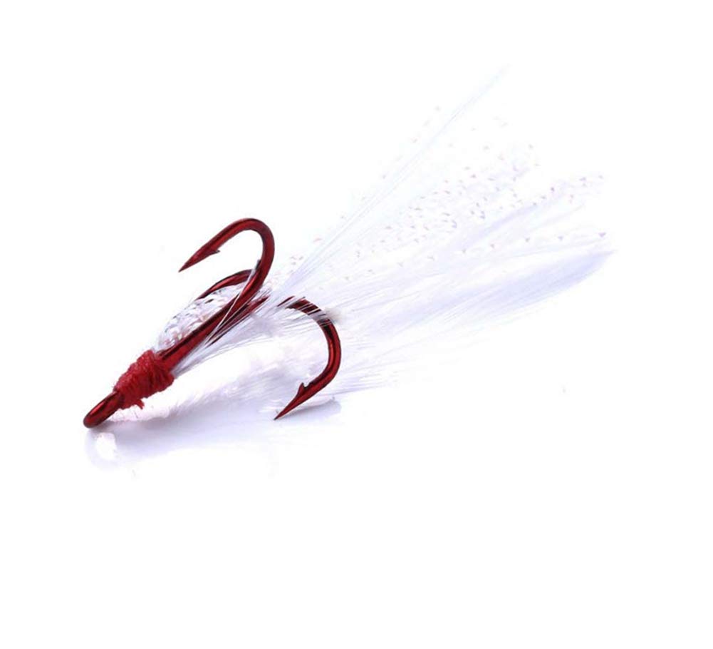 20pcs Fishing Round Bend Treble Hooks Black Nickel Hooks Feather Dressed 3X Strong Sharp Fishing Hooks Size 4-6-8-10,Red/Black/White Feather Available