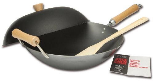 JOYCE CHEN Classic Series 14-Inch Uncoated Carbon Steel Wok Set with Lid and Birch Handles, 4 Pieces