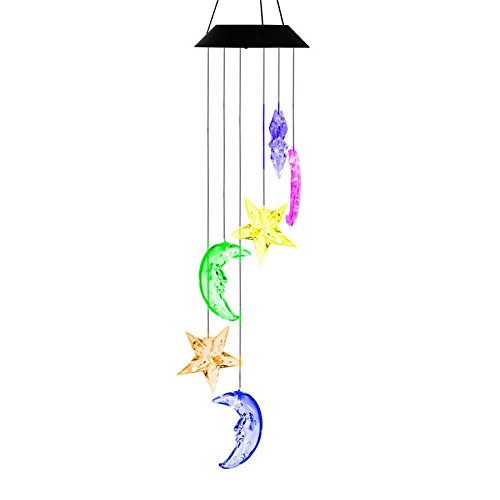 Bwinka Waterproof LED Color Changing Wind Chimes Hummingbird Solar Lights Mobiles Windlights for Outdoor Indoor Garden Patio Décor,Best Gift (Star+Moon)