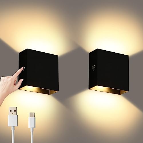 Lightess 2Pcs Wall Lights Dimmable, Rechargeable Wall Light Touch Up Down Wall Light USB Uplighter Downlighter Wall Lamp Sconce Black for Bedroom, Living Room, Balcony, Bedside, Warm White [Energy Class F]