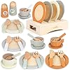 Wooden Tea Set for Toddlers Toy Kitchen Accessories 27 PCS Kids Pots and Pans Playset Wooden Play Food for Toddlers Girls Boys Age 2 3 4, Neutral