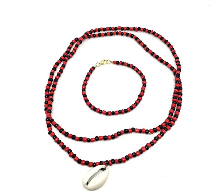 2PCS Santeria Beads Elegua Eleke Collar Necklace with Cowrie Shell Pendant and Ide Bracelet for Papa Legba he Eshu Esu Eleggua Lukumi Lucumi Yoruba IFA Bundle Protection Orisha Ileke de (Red)