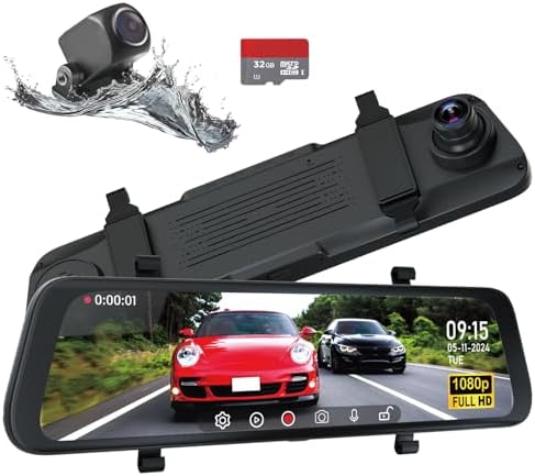 ACUMEN XR10 Rear View Mirror Camera, 10" Smart Touch Screen Mirror Dash Cam Front and Rear, Backup Camera for Cars with 1080P Rear Camera, Dash Cam for Cars with WDR Night Vision, Included 32GB Card