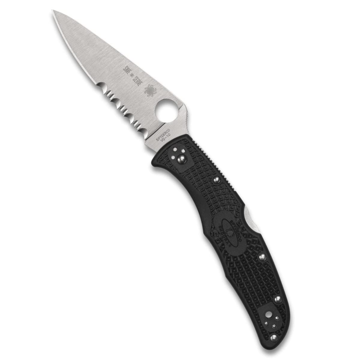 SpydercoEndura 4 Lightweight Knife with Flat Ground Steel Blade and Wildland Firefighter Foundation Black FRN Handle - CombinationEdge - C10FPSBKRD