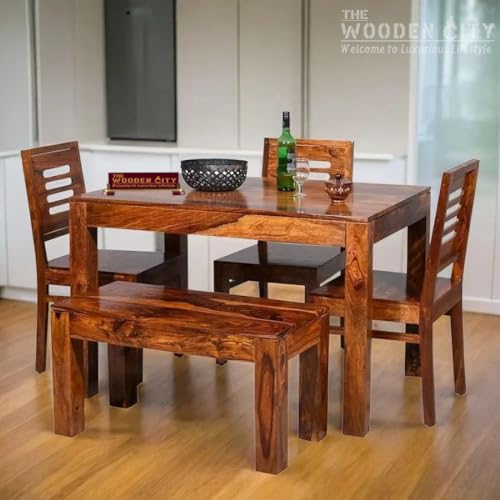 THE WOODEN CITY Solid Sheesham Wood Dining Table 4 Seater Dining Table Set with 3 Chairs & 1 Bench Dinner Table Set for Dinning Room Home,Hotel and Office| Honey Finish