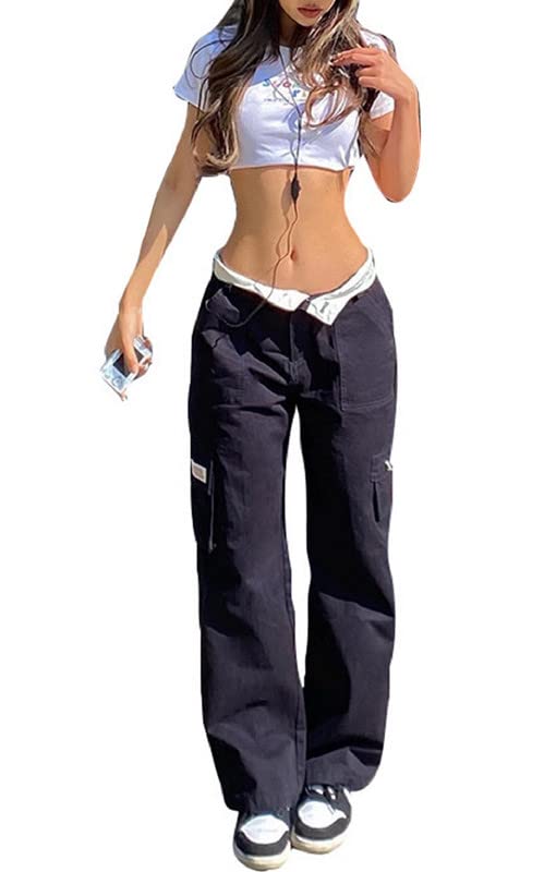 Y2k Baggy Jeans for Women Low Waist Wide Leg Denim Jeans Casual Cargo Pants Harajuku Pockets Trousers Streetwear