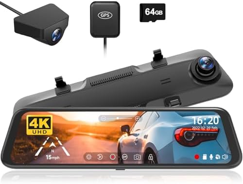 WOLFBOX G850 12" 4K Rear View Mirror Camera with 5.8GHz WiFi and Voice Control, Smart Mirror Dash Cam Front and Rear, Backup Camera with 1080P Rear Camera, Dash Cam with WDR, Includes 64GB Card & GPS