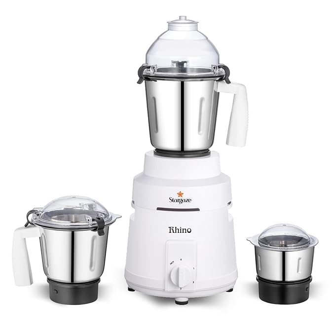 Stargaze Rhino 1000 Watt Stainless Steel Jars Mixer Grinder With 3 Jars | Hands Free operation | Grade Blade (White) 5 Year Warranty