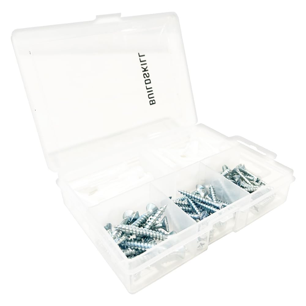 Buildskill 102 pcs Screw Driver Tool Set Kit with Storage Box - Multipurpose Zinc-Plated Phillips Flat Head Screws & Ribbed Anchors, Multiple Sizes in Transparent Hanging Case