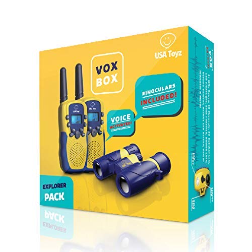 USA Toyz Vox Box Walkie Talkies for Kids with Toy Binoculars Set - Explorer Kit with 2 Voice Activated 2+ Mile Long Range Walkie Talkies for Boys and Girls (Blue and Yellow)