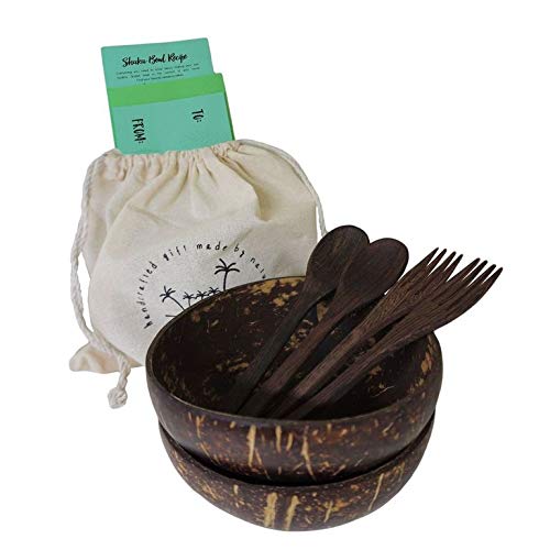 Shaka Natural Coconut Acai Bowls, Wooden Spoons, Forks with Greeting Card and Healthy Recipe (Set of 2)