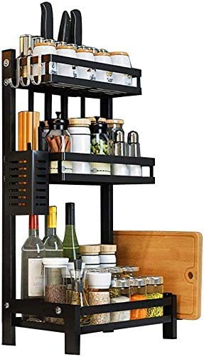 Yuniverse 3 Tier Metal Kitchen Spice Rack Countertop Standing Corner Shelf Removable Seasoning Organizer Jars Bottle Storage Knife Utensils Holder with 3 Hooks, Black