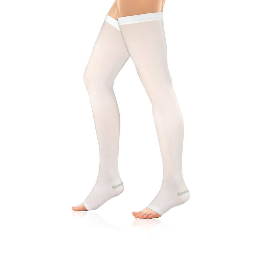 Vissco Anti-Embolism Stockings - Thigh Length - Open Toe (Above Knee), Leg Compression Stocking to Improve Blood Circulation, Swollen, Tired, Aching Legs - XL (White) - 1 Pair