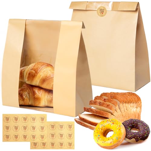 30 Pack Bread Bags for Homemade Bread, Sourdough Bread Bags with Window, Kraft Paper Bread Bags with Seal Stickers for Gifting, Large Bakery Bags for Packaging and Storage of Baked, 50% Thicker