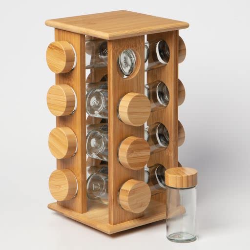 | Rotating Square Bamboo Countertop Spice Rack |16 glass jars and lids