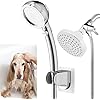 Handheld Dog Shower Attachment for Fast and Easy Dog Bathing and Cleaning, Included Garden Adapter for Indoor and Outdoor Dual Use, Handheld Sprayer with Hose, Chrome