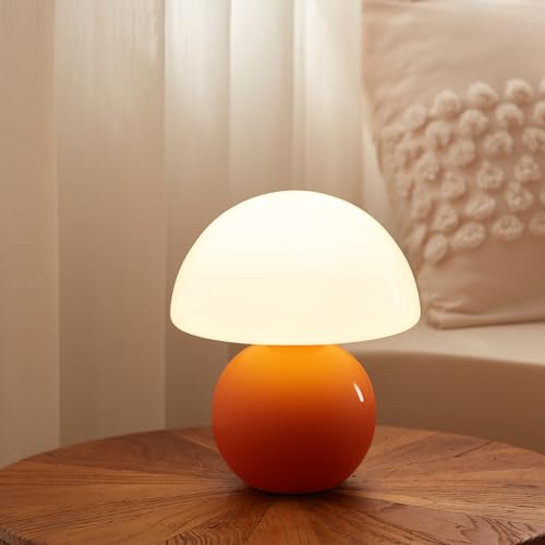 Mushroom Lamp Small Lamp, Table Bedside Nightstand Lamp for Bedroom, Cute Mid Century Modern Lamp Dimmable, Aesthetic Home Decor for Living Room Girl Gifts, Ceramic Base Glass Lamp (Orange)