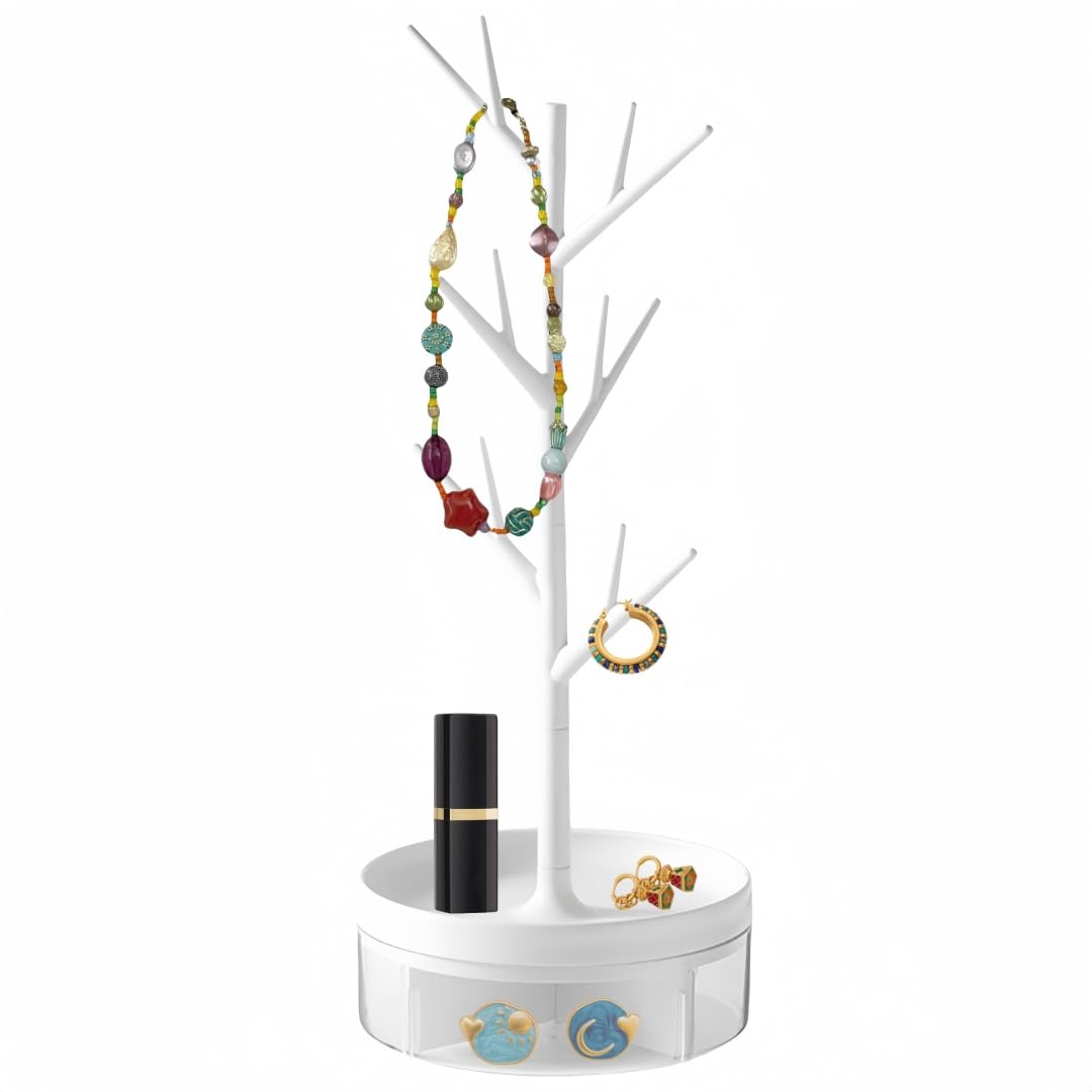 MEETOZBranch Jewelry Rack With Rotatable Base and Storage Box Tree Tower Rack Hanging, Rotating Jewelry Tree Stand, for Earrings Necklaces Bracelets Watches and Rings (White)