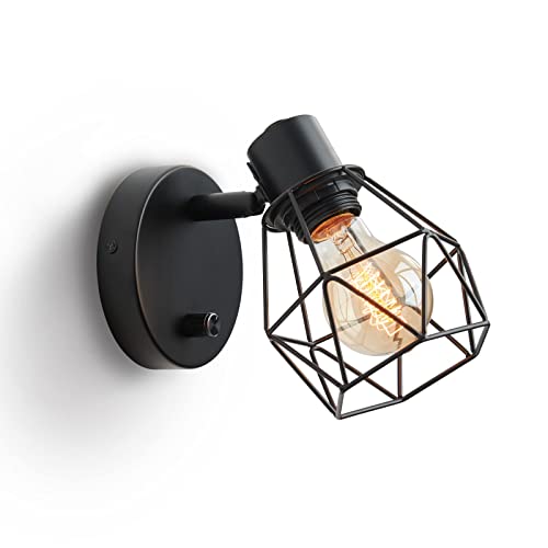 Lightess Vintage Wall Lights Cage Wall Lights E27 Industrial Balck Wall Light Indoor Retro Wall Lamp with Switch Dimmable Wall Sconce for Bedroom, Living Room, Hallway