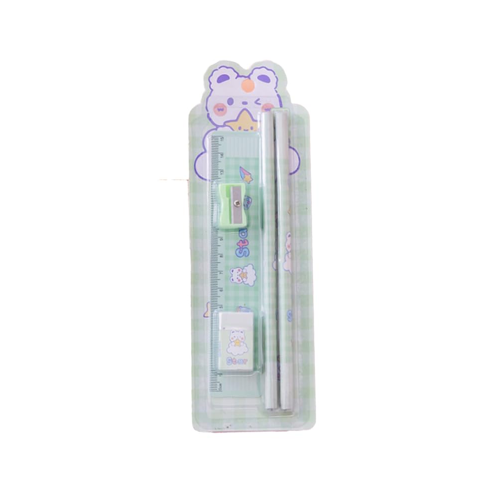 Stationery Set - Pack of 5 Includes: 2 Pencils + 1 Ruler + 1 Eraser + 1 Sharpener-Green