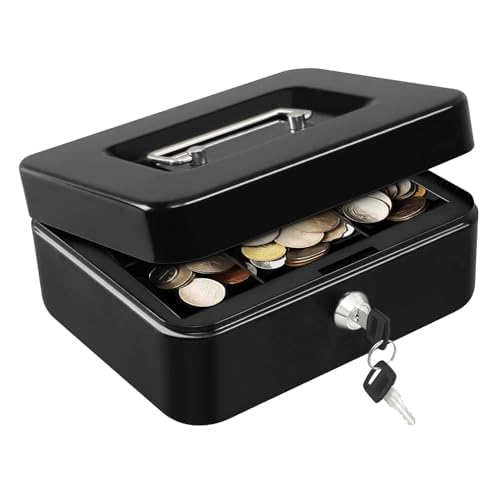 ToruKeep Locking Cash Safe Box with Key Lock, Money Box with Removable Coin Tray, Portable Metal Cash Box with Handle, 7.87"x 6.30"x 3.54"