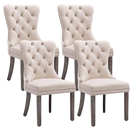 Velvet Dining Chairs Set of 4, Tufted Dining Room Chairs with Nailhead Ring Pull Trim, Upholstered Dining Chairs with Solid Wood Legs for Kitchen Dining Room (Beige)