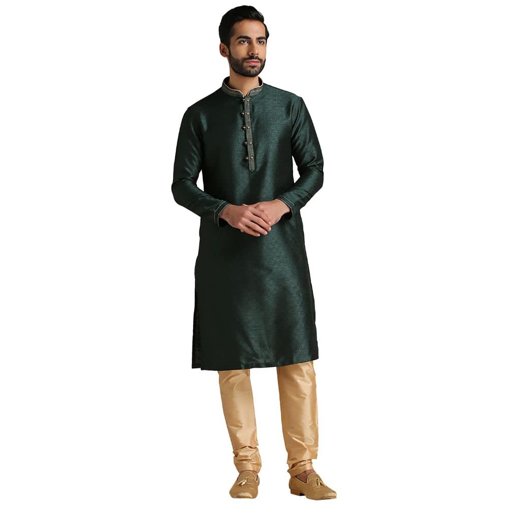 Manyavar Kurta Set for Men, Full Sleeves Mandarin Collar Ethnic Men's Kurta Set for Engagement, Wedding, Party Art Silk All Over Self Design (Green)