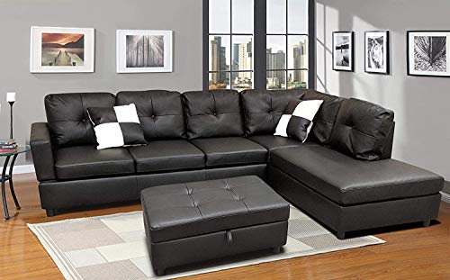 Sofa Sectional Sofa, L-Shape Faux Leather Sectional Sofa Couch Set with Chaise, Ottoman, 2 Toss Pillow Using for Living Room Furniture.（Black）