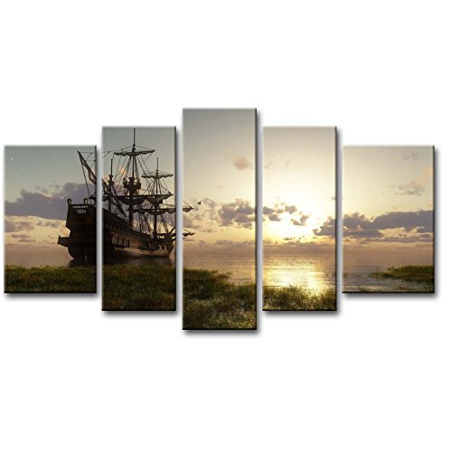 5 Panel Wall Art Painting Fantasy Ship Sailboat in Lake Sunset Prints on Canvas The Picture Seascape Pictures Oil for Home Modern Decoration Print Decor