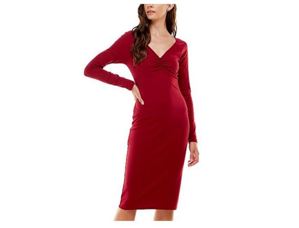 PLANET GOLD Womens Stretch Ruched Cut Out Unlined Pullover Styling Long Sleeve V Neck Knee Length Cocktail Sheath Dress