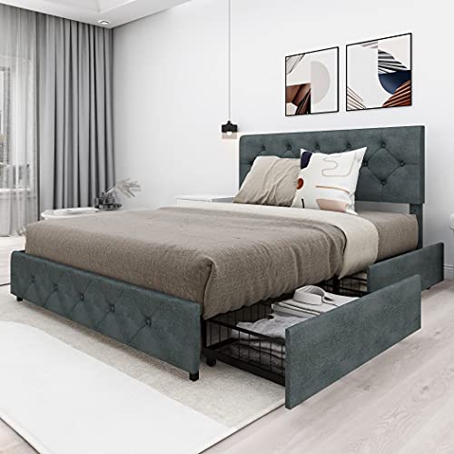 queen size storage bed - Wancla Queen Upholstered Platform Bed Frame with 4 Storage Drawers / Adjustable Button Tufted Headboard / No Box Spring Neeed / Wood Slat Support / Easy Assembly / Dark Grey, Leathaire